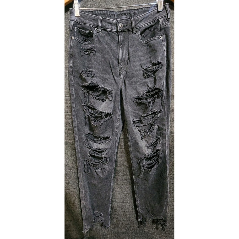 American Eagle Mom Jeans Womens 8 High Rise Distressed Cut Off Raw Hem Black NEW